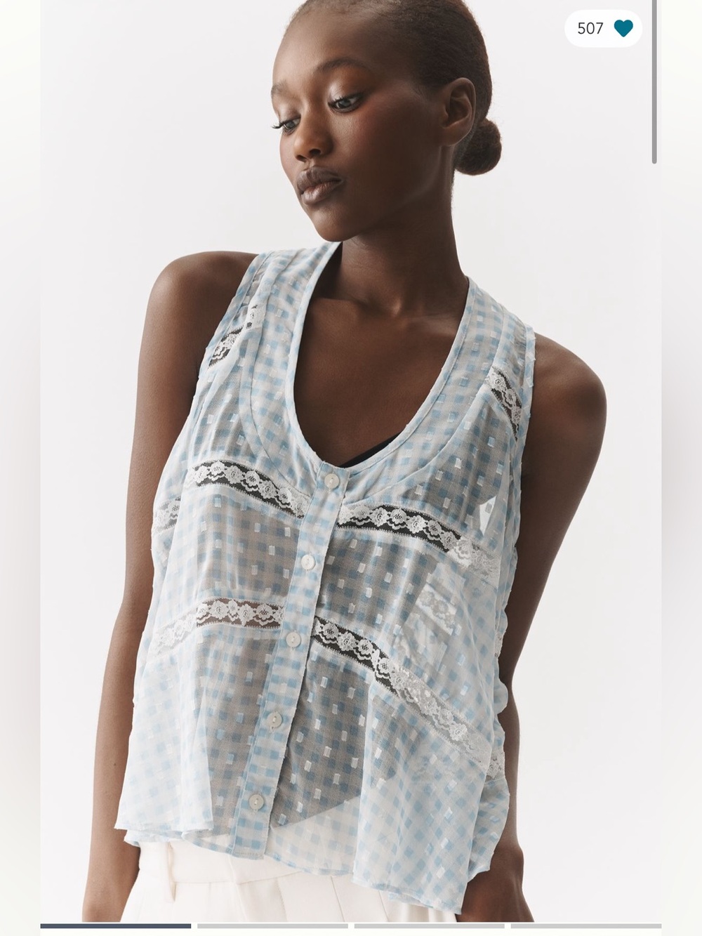 Anthropologie Light Blue Gingham Lace-Trim Sleeveless Button Tank